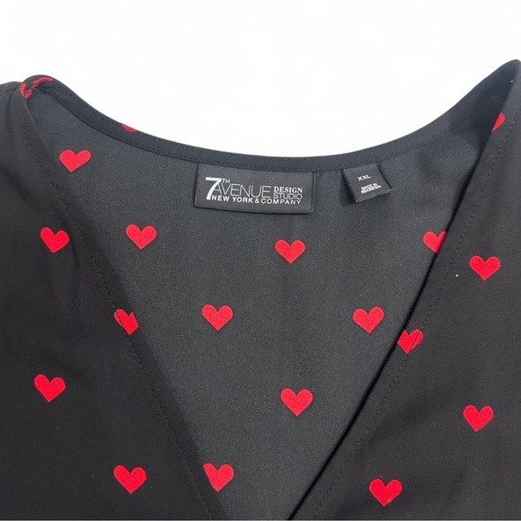 New York & Company Black with Red Hearts Wrap Blouse with Ruffled Cap Sleeves - Picture 2 of 6